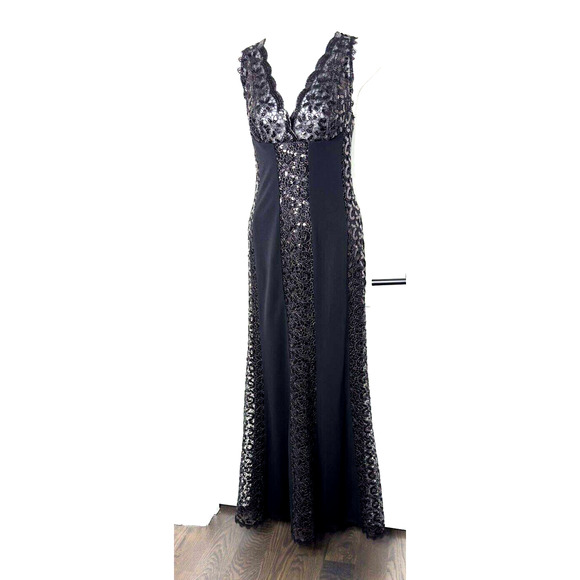 Nicole Bakti Black Gown Maxi Sequined Lace Jersey S‎